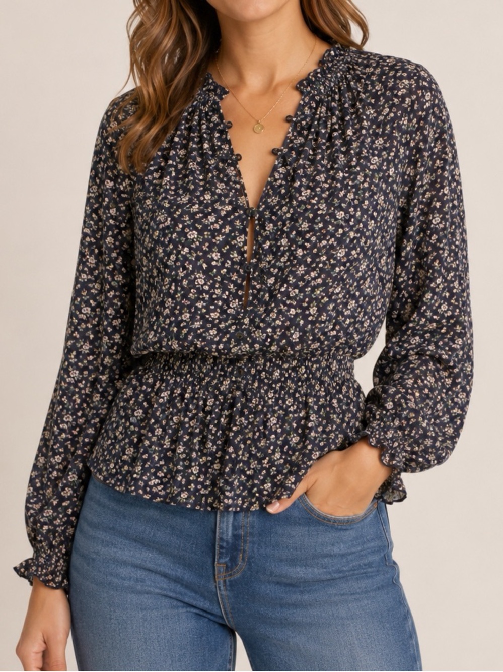 Joie Senaya Floral-Print Half-Placket Peasant Blouse